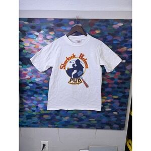 Vintage Oneita Sherlock Holmes Pub London England Graphic T-Shirt White Large